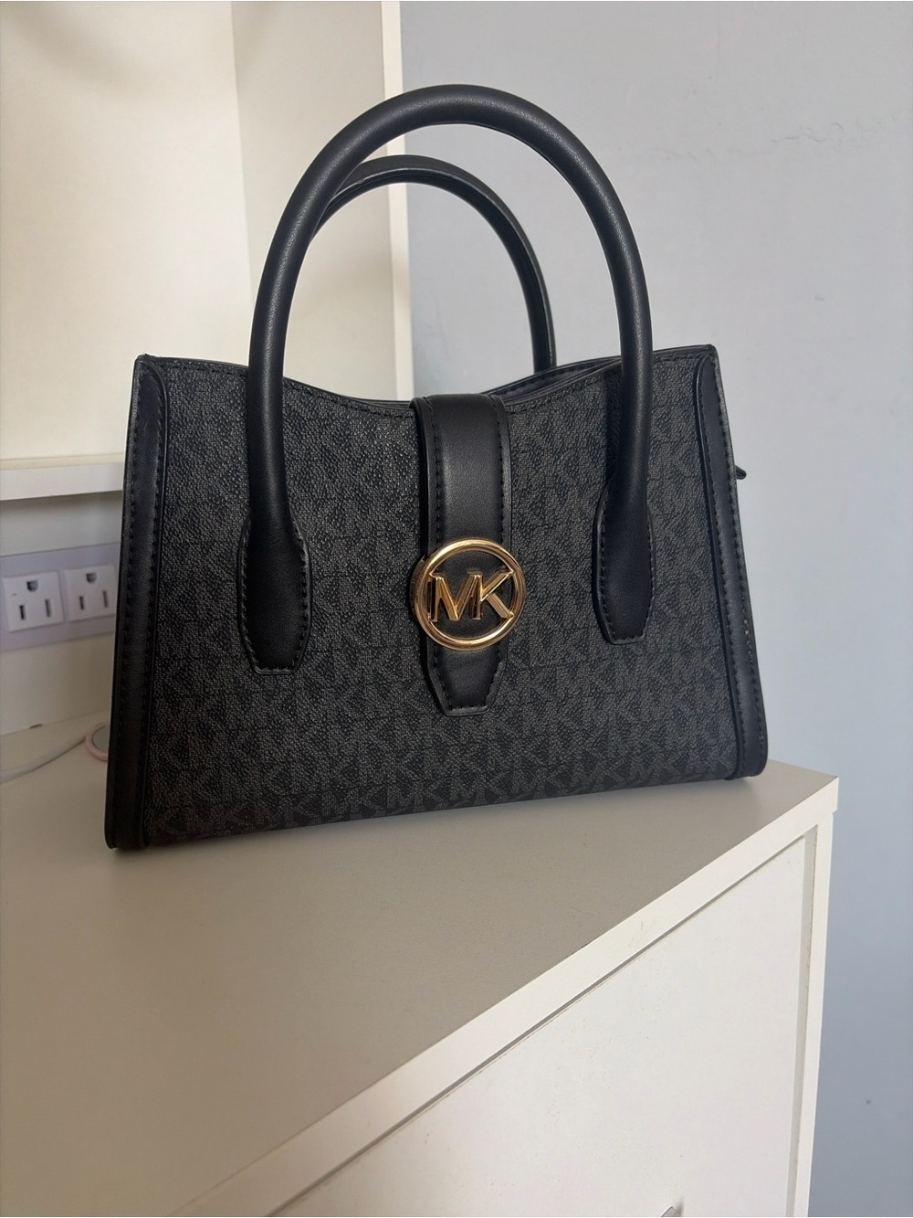 Michael Kors Black MK Logo Patterned Satchel with Gold Hardware
